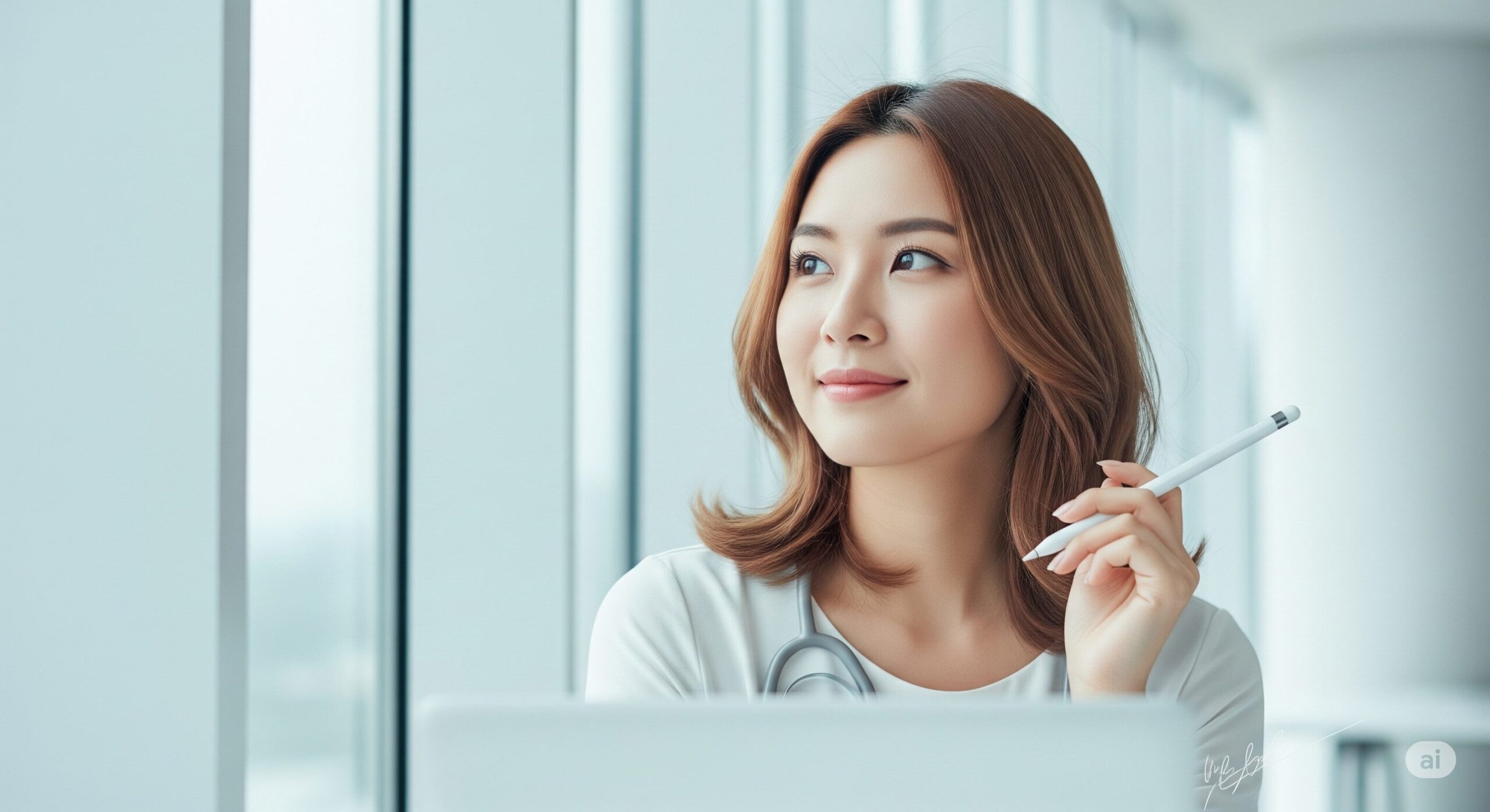未来的なイノベーションハブで、考え込むように窓の外を見る若い東アジア人女性の医療従事者。彼女は白いプロフェッショナルなトップスを着て、首には聴診器をかけ、未来的なスタイラスを手に持っています。柔らかい自然光が差し込む明るい空間で、革新性と信頼性を感じさせる画像です。
