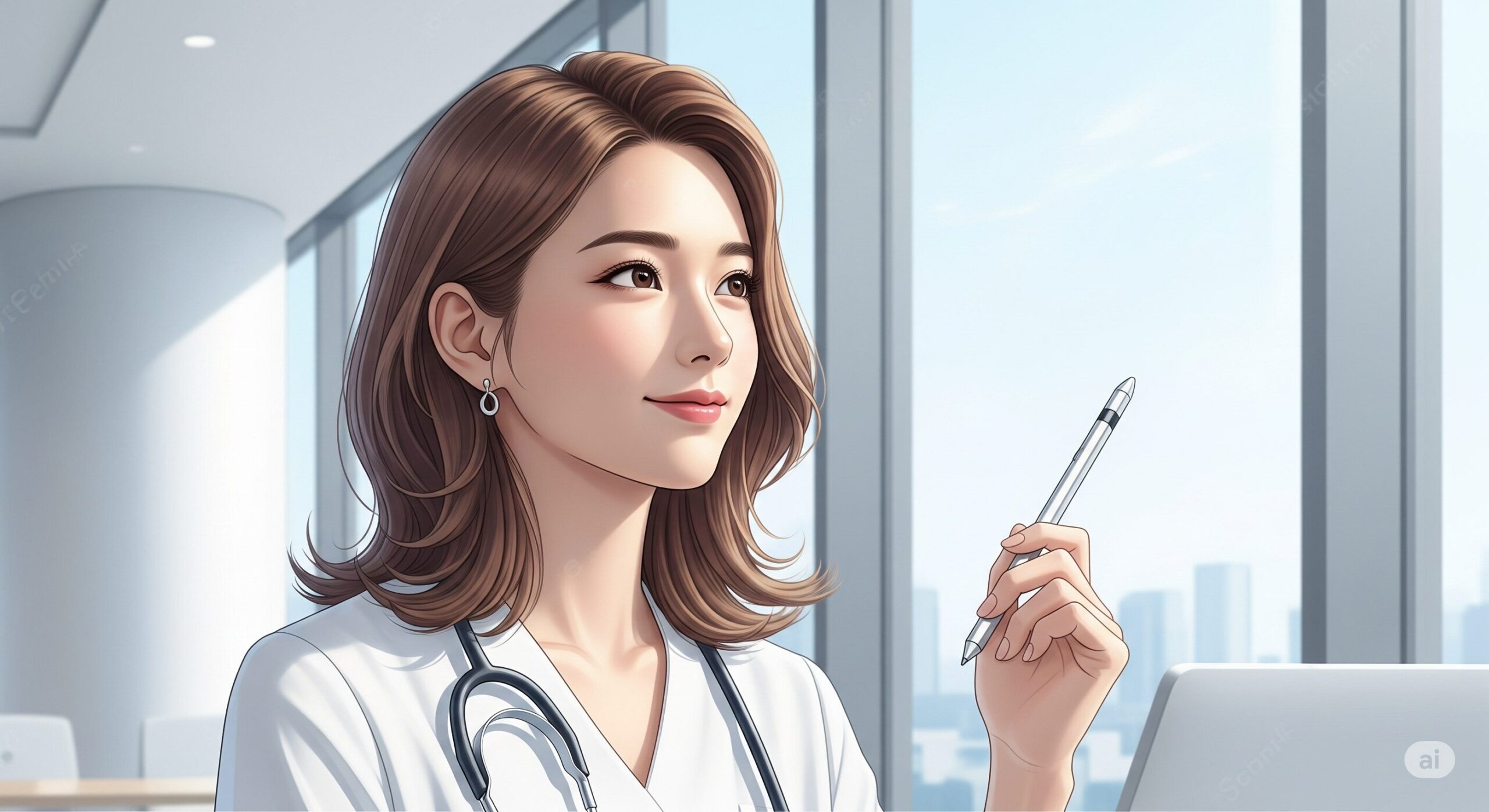 未来的なイノベーションハブの窓際に立つ、白衣を着た若い東アジア人女性医師が、未来的なスタイラスを手に持ち、深く考え込んでいる様子。彼女の表情は穏やかで知性を感じさせ、医療技術の進歩と調和を象徴している。