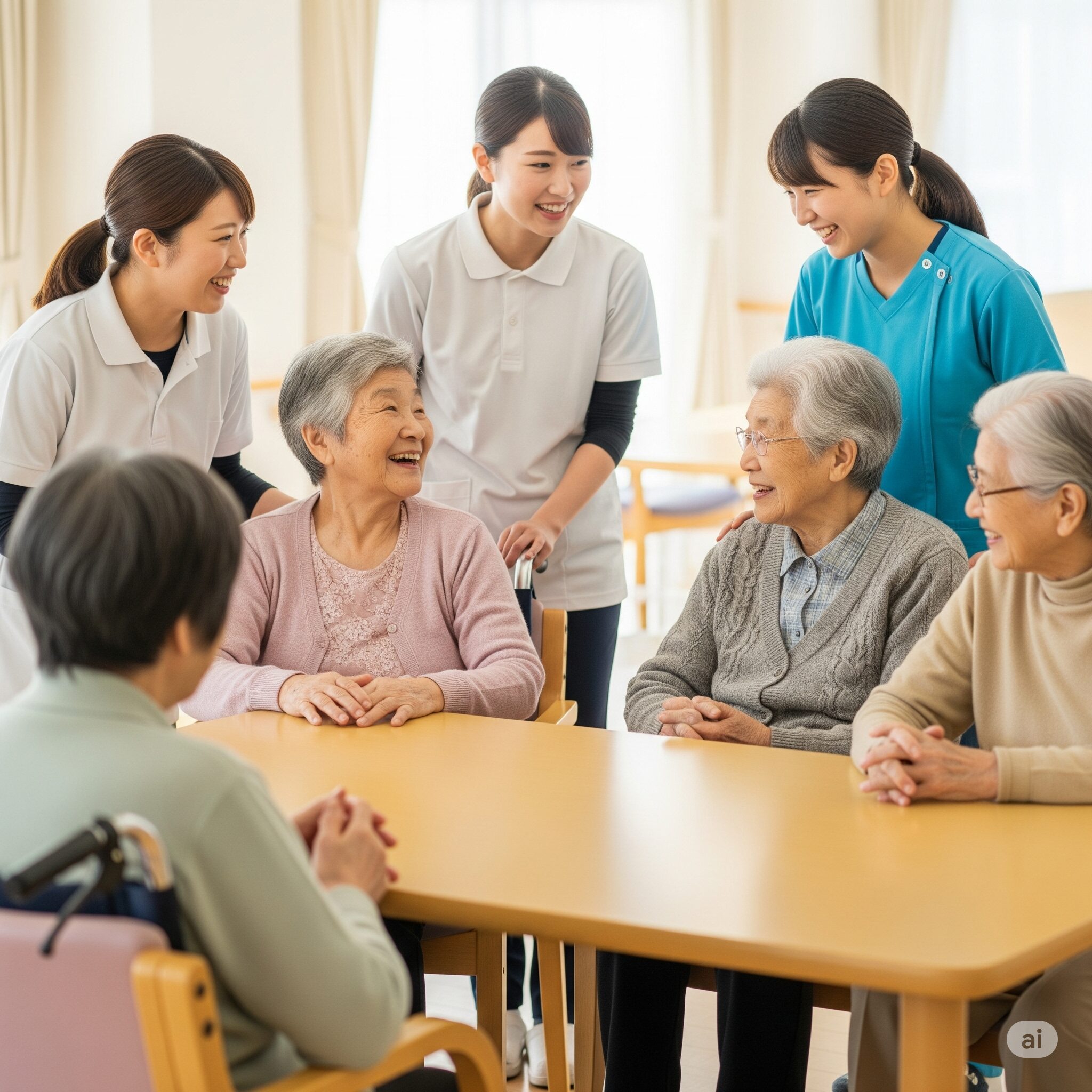 介護者と高齢者が笑顔でテーブルを囲み、交流している様子。