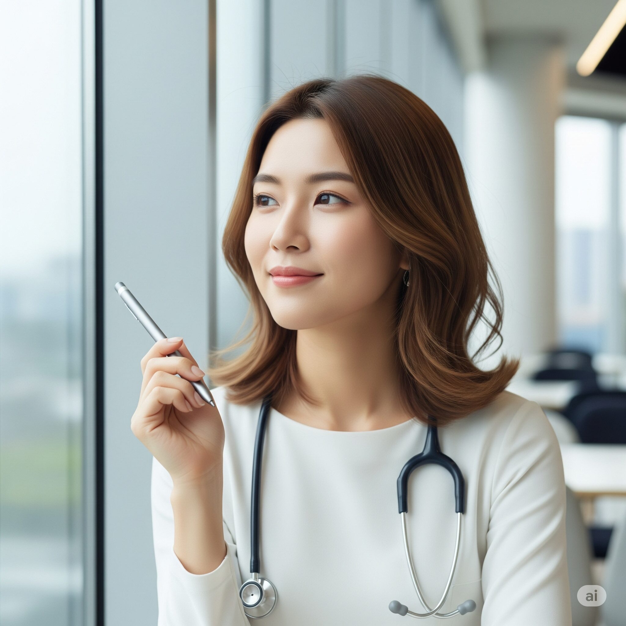 未来的なスタイラスを持ち、イノベーションハブの窓から思索にふける若手東洋人女性医師。清潔な白い制服と聴診器を身につけ、明るい未来医療への貢献を象徴。