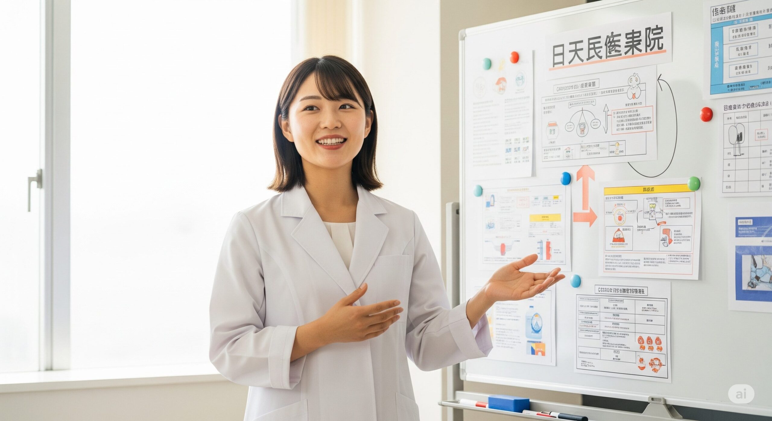 日本の医療制度の仕組みを説明しているアジア人女性