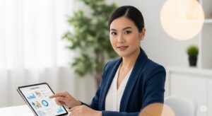 タブレットで介護に関する情報を丁寧に説明するアジア人女性の専門家