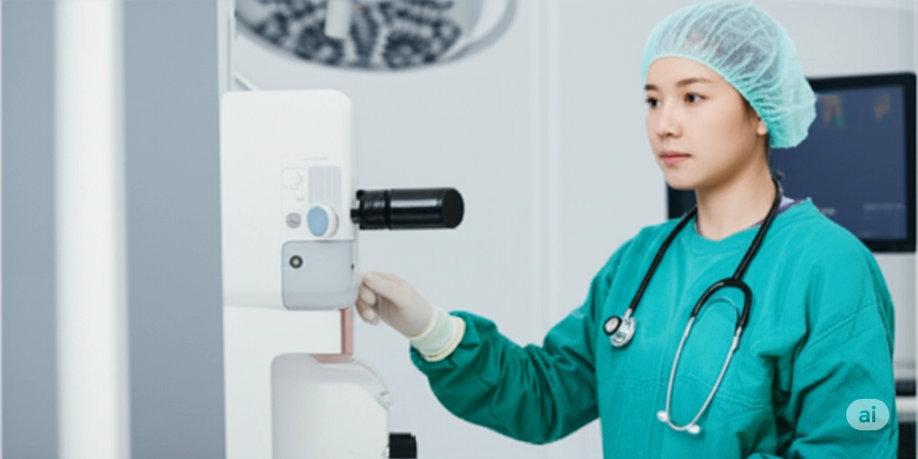 最新の医療機器を扱うアジア人医師の女性。国民皆保険制度が高度な医療技術の普及を支えていることを象徴しています。