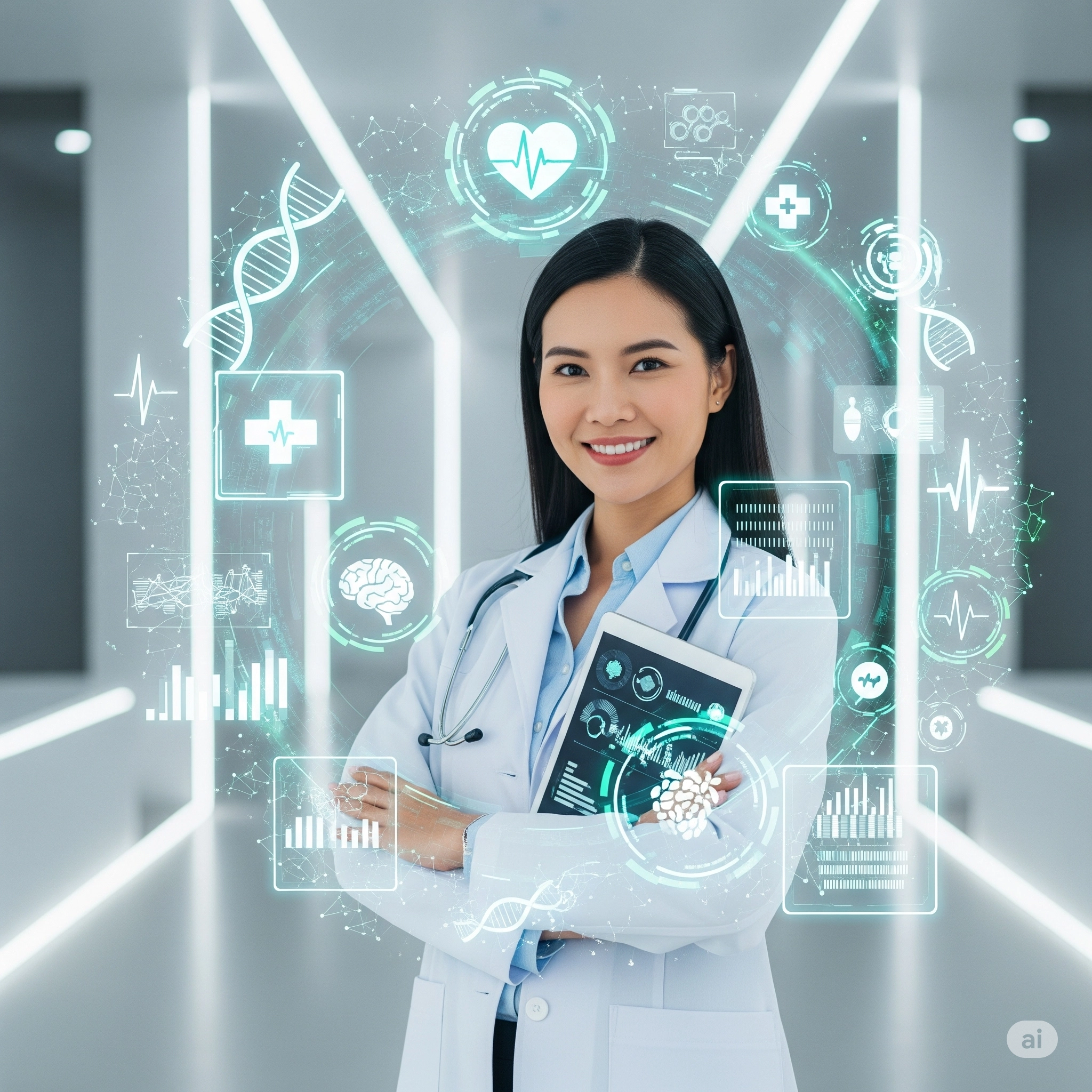 医療DXの未来を語るアジア人女性のイメージ、高額療養費制度の仕組みを説明する様子